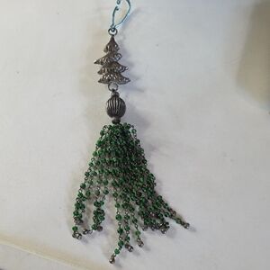 Vintage Pewter And Green Beaded Tassel Festive Tree Accent